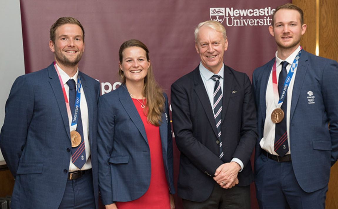 Tom, Emily and James with Professor Chris Day, Vice-Chancellor and President of Newcastle University following their Olympic debuts in Tokyo